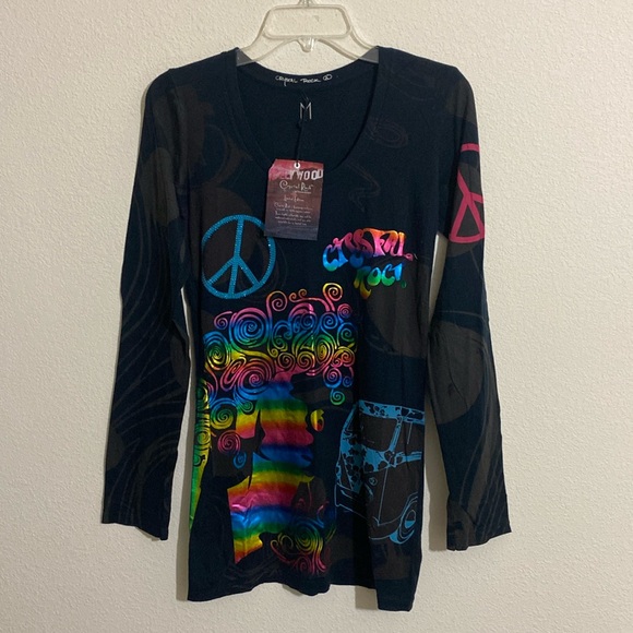 Christian Audigier Tops - CHRISTIAN AUDIGIER Crystal Rock 60's Style Cotton Tunic Top w Rhinestones Size M